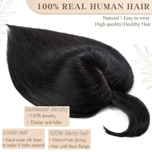 Vista 3 de S-noilite Toppers de cabello humano real con flequillo, postizo de clip con flecos, densidad del 130%, base de seda, 1.58 oz, 10 pulgadas, negro