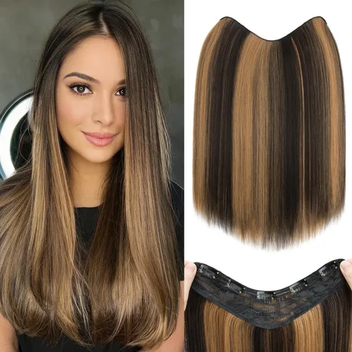 Vista 47 de S-noilite Extensiones de cabello de una pieza con clip, color rubio balayage de 18 pulgadas, en forma de U, extensiones de cabello de trama de una