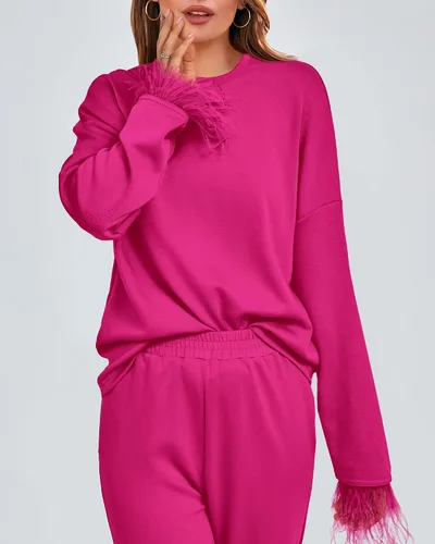 Vista 4 de BTFBM Women Two Piece Outfits 2023 Feather Trim Loose Long Sleeve Pullover Leg Pants Casual Sweatsuit Tracksuits Sets