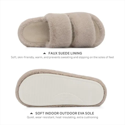 Vista 3 de Chantomoo Zapatos de casa de piel sintética para mujer, de espuma viscoelástica, peludos, cómodos, con dos bandas, para dormitorio, interiores