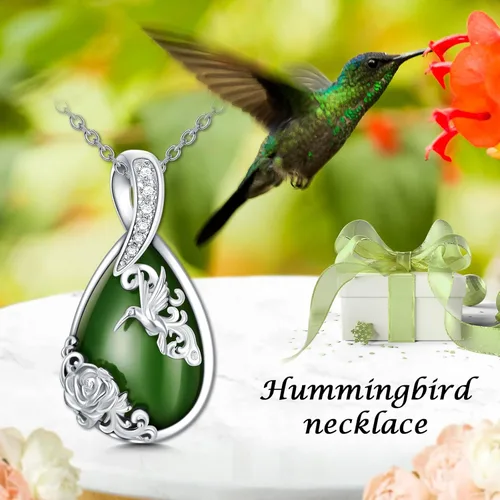 Vista 4 de JKR Teardrop Green Jade Pendant Necklace Hummingbird Dragonfly and Lotus Rose Jewelry Mother's Day Jewelry GIfts for Women Mom Girls Birthday