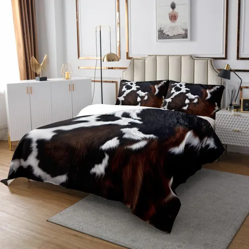 Vista 3 de Feelyou Colchas con estampado de piel de vaca, tamaño King, colcha acolchada de piel de vaca rústica para cabaña y cabaña, juego de colcha con Multi