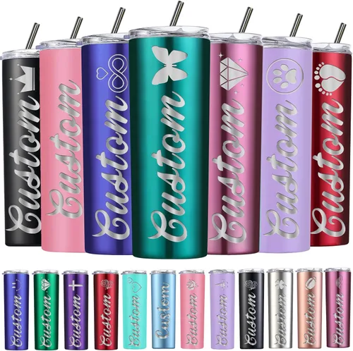 Vista 13 de Vasos delgados personalizados con tapas y pajitas, vaso delgado de acero inoxidable grabado con láser, vasos personalizados con nombre de 20 onzas