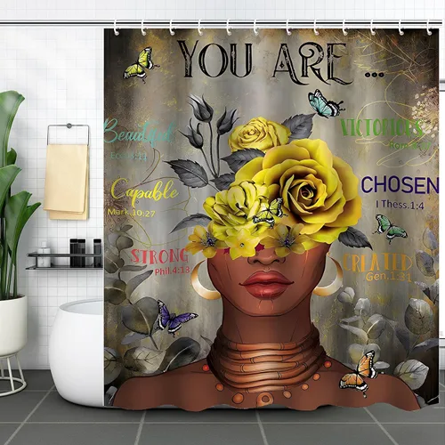 Vista 10 de Cortina de ducha de mujer africana, cortina de ducha de tela negra afroamericana, divertidas, citas inspiradoras, impermeable, decoración de baño