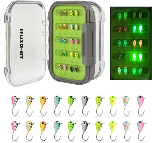 Vista 12 de Kit de Jigs de Pesca en Hielo de Tungsteno, 3.2/4/5mm Gota Lágrima que Brillan en la Oscuridad Señuelos Jigs de Pesca en Hielo con Caja de Jigs