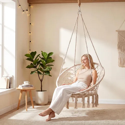 Vista 9 de Happygrill Silla de columpio, hamaca de macramé con cojín de asiento redondo, cuerdas de algodón de poliéster resistentes y anillos de metal Beige