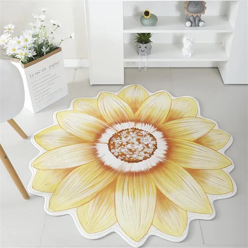 Vista 14 de Alfombra con forma de flor amarilla de 7 pies, alfombra de decoración de sala de estar, adecuada para baño, dormitorio y sala de estar, parte 5