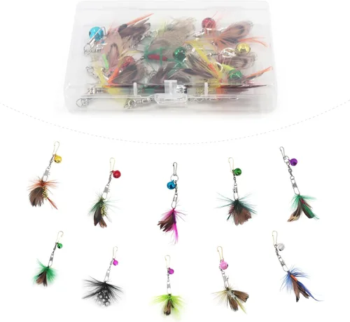 Vista 7 de SONGWAY Cat Teaser Wand Toy – Juego de 10 piezas de juguete de plumas de insectos y gatos con varita retráctil y recambios de plumas con campana