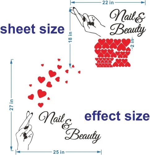 Vista 2 de JWH181 - Adhesivo para pared de uñas y salón de belleza, hermosos dedos y corazones rojos, arte de pared extraíble de PVC para barra de esmalte