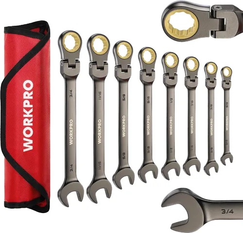 Vista 31 de WORKPRO Llave combinada de trinquete de 1/2 pulgada SAE, CR-V construida con cromado pulido espejo, diseño de 12 puntos, desplazamiento de 15 grados