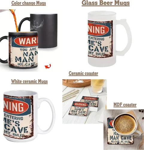 Vista 2 de Warning Name's Man CAVE My cave My rules - Tazas personalizadas de Chic Sign estilo rústico vintage, estilo retro, cocina, bar, pub, cafetería