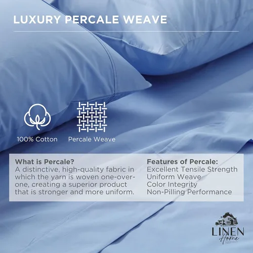 Vista 2 de Sábanas de 100% algodón percal, tamaño individual, 1 sábana encimera, ropa de cama fresca, resistente y transpirable, celeste