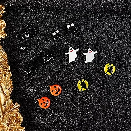 Vista 2 de 13 pares de aretes colgantes de Halloween para mujer, diseño de calabaza, murciélago, gato negro, aretes colgantes de telaraña para niñas, regalo
