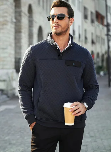 Vista 2 de JMIERR Sudadera acolchada para hombre, casual, de manga larga, cuello alto, con botones