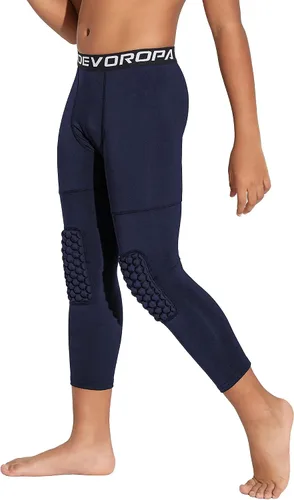 Vista 23 de DEVOROPA Youth Boys' Compression Pants with Knee Pads 3/4 Basketball Athletic Tights Quick Dry Sports Workout Leggings Negro