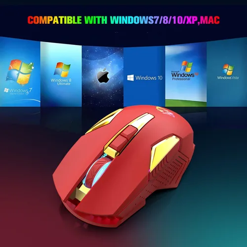 Vista 7 de FELICON Mouse inalámbrico para juegos recargable con retroiluminación RGB arcoíris, sensor óptico de 3 niveles DPI, mouse ergonómico