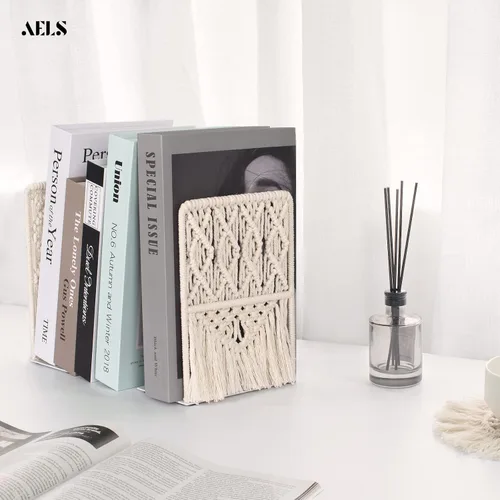 Vista 2 de AELS Sujetalibros de macramé bohemio con borlas, extremos de libros de metal resistente, soportes decorativos únicos para estantes, tapón