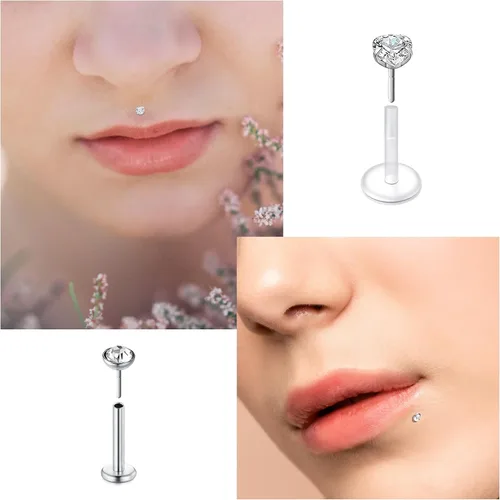 Vista 3 de JFORYOU 16G 24Pcs Anillos de labio transparentes Medusa Piercing Studs Joyería Plana de plástico con respaldo Anillos de labio retenedor de ajuste