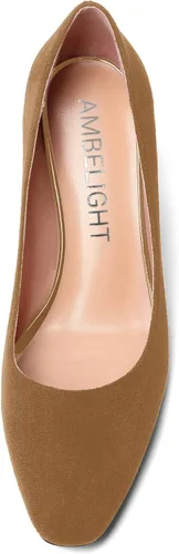 Vista 3 de AMBELIGHT Zapatos de vestir de oficina con punta cuadrada para mujer, zapatos de vestir casuales de gamuza con tacón bajo, zapatos de tacón bajo