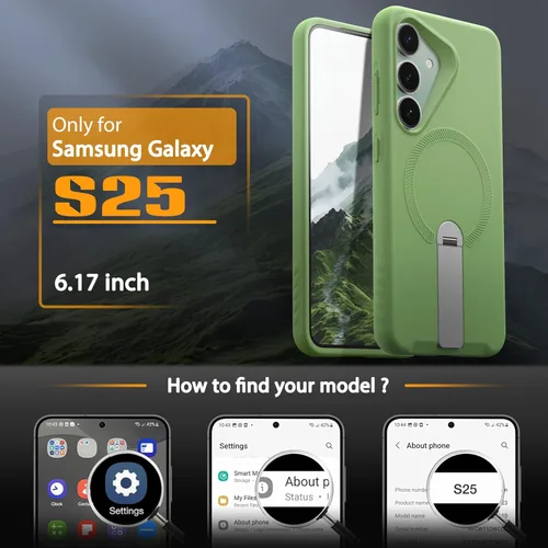 Vista 2 de URBANITE Funda para Samsung Galaxy S25, compatible con MagSafe, funda protectora de silicona magnética delgada con soporte ajustable (verde)