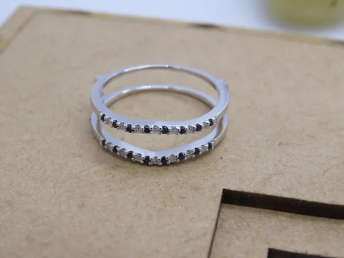 Vista 6 de Anillo doble de zafiro azul redondo de 14 quilates para mujer, aniversario, boda, realzador, doble anillo