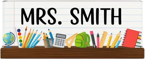 Vista 7 de Placa de nombre personalizada para escritorio para profesores, placa de nombre de acrílico personalizada para maestros con base de madera, letrero