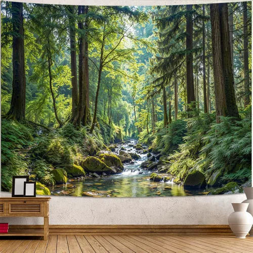 Vista 24 de Kanuyee Tapiz de bosque verde, tapiz de paisaje para pared, tapices de naturaleza para techo y pared, colgante para dormitorio, sala de estar