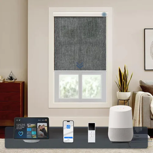 Vista 19 de Persiana enrollable inteligente 100 % opaca, pantalla motorizada compatible con Alexa Google, persiana de control de aplicación para ventana Tela