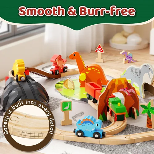 Vista 8 de Lehoo Castle Juego de Tren de Madera - Juego de Tren de Dinosaurio para Niños Pequeños de 2-4 Años, Juguetes de Vías de Tren de Madera y Conjunto