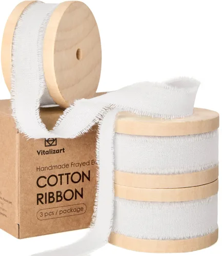 Vista 22 de Vitalizart Cinta de algodón azul bebé hecha a mano con flecos de 5/8 pulgadas x 21 yardas, cintas de algodón natural puro para envolver regalos