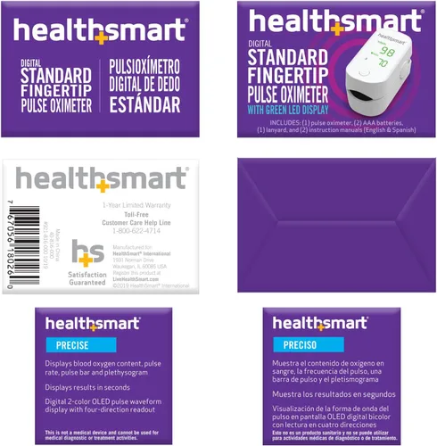 Vista 9 de Oxímetro de pulso HealthSmart para la yema del dedo que muestra el contenido de saturación de oxígeno en sangre, frecuencia de pulso y barra