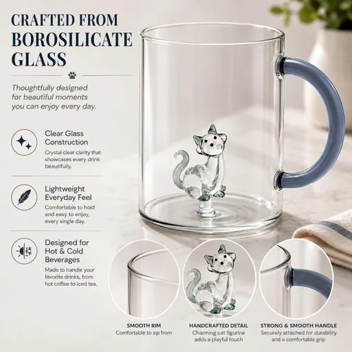 Vista 6 de WD Lifestyle Taza de vidrio de borosilicato de 14.2 onzas líquidas (gato)