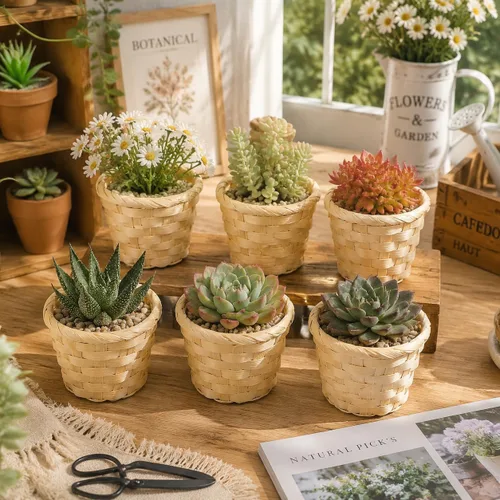 Vista 7 de 5 cestas pequeñas de bambú tejidas para recuerdos, cesta de mimbre pequeña de 3 pulgadas para manualidades, almacenamiento redondo en miniatura