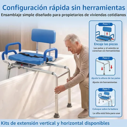 Vista 4 de Banco de transferencia deslizable para ducha con asiento giratorio Carousel, bariátrico, acolchado premium con apoyabrazos giratorios, alta Azul