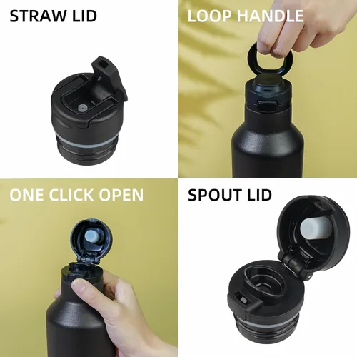 Vista 3 de BJPKPK Botella de agua aislada con pajilla, botellas de agua de acero inoxidable de 17 onzas con 2 tapas y asa de transporte, botella térmica