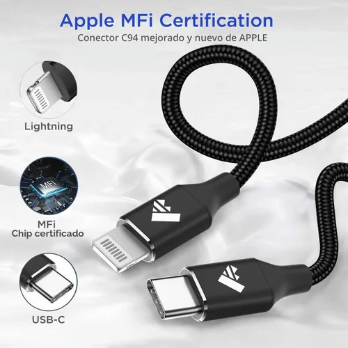 Vista 2 de Cable USB C a Lightning [certificado Apple MFi] Paquete de 2 cables de carga rápida para iPhone de 1 pie, cable de carga tipo C compatible