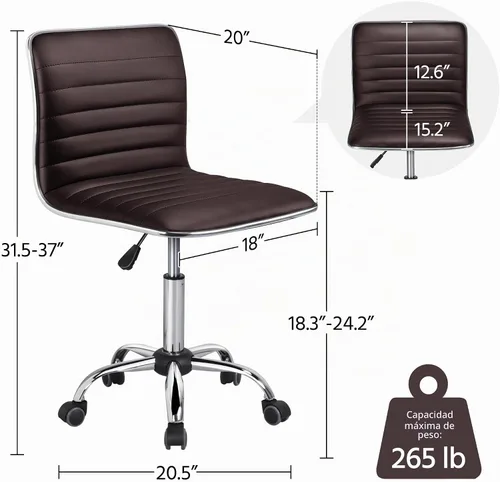 Vista 3 de Yaheetech Silla de oficina de trabajo moderna de cuero PU acanalada sin brazos, ajustable, respaldo bajo, cómoda silla de escritorio con ruedas