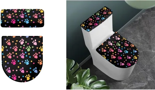 Vista 6 de Flashideas Juego de cubierta para tanque y tapa de inodoro con estampados de patas de perro coloridas - Elástico, se adapta a la mayoría de tanques