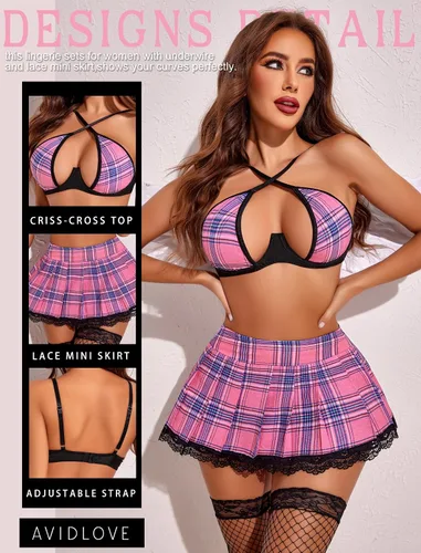 Vista 2 de Avidlove Conjunto de lencería para mujer con aros de dos piezas, conjunto de lencería sexy con minifalda plisada de encaje