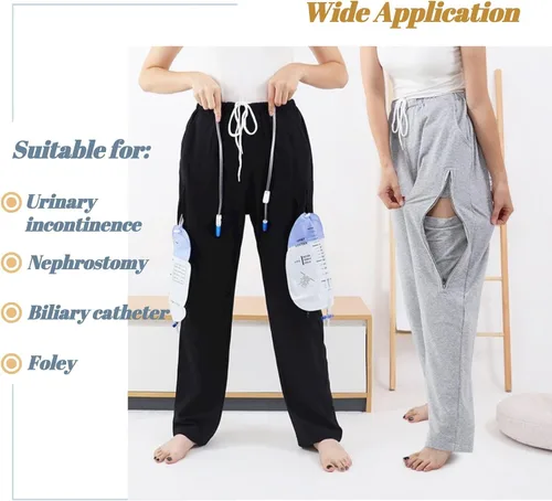 Vista 4 de Pantalones de catéter para hombres y mujeres, pantalones con soporte para bolsas de orina y piernas con bolsillos dobles con cremallera para dos