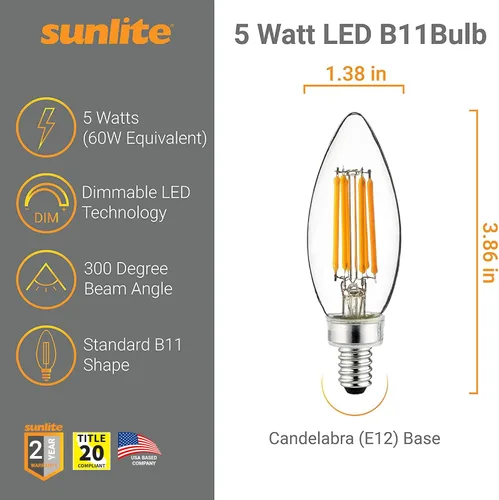 Vista 2 de Sunlite Bombilla LED de filamento B11 con punta torpedo, 5 vatios (equivalente a 60 W), 600 lúmenes, 90CRI, base de candelabro E12, regulable Blanco