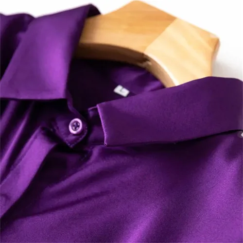 Vista 2 de Women's Satin Silk Buttons Down Long Sleeve Solid Dress Shirts Top Soft Blouse Collar Office Work