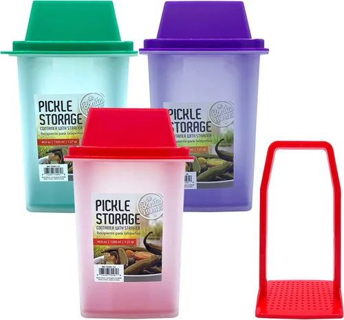Vista 5 de 1 Gran Recipiente para Pepinillos con Colador, Contenedor para Aceitunas y Jalapeños, Almacenamiento de Alimentos
