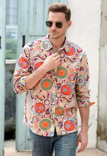 Vista 4 de QZH.DUAO Camisas de lino de discoteca de los años 70 para hombre, estilo casual, estampado de cachemira, floral, vintage, de manga larga y camisa
