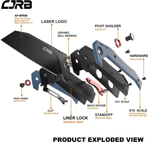 Vista 8 de CJRB Tigris Cuchillo táctico de bolsillo con hoja de acero en polvo AR-RPM9 con PVD negro, mango G10 negro y azul para EDC, camping y caza (J1919)