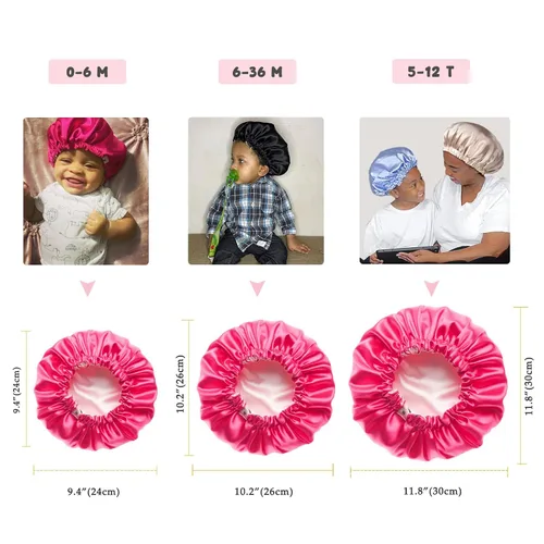 Vista 3 de Gorro de satén para dormir para cabello rizado, doble capa, reversible, ajustable, sedoso, para adolescentes, niños pequeños