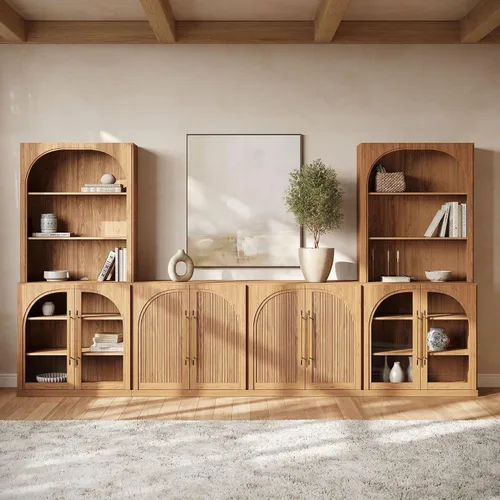 Vista 53 de BELLEZE Centro de entretenimiento modular de 4 piezas con almacenamiento, 2 vitrinas de madera moderna con gabinete arqueado y 2 armarios de puerta