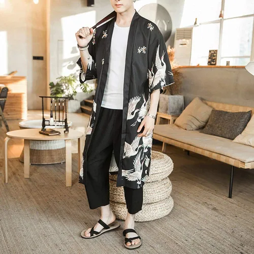 Vista 5 de HAORUN Abrigo kimono japonés para hombre, holgado, Yukata, albornoz largo, tops vintage