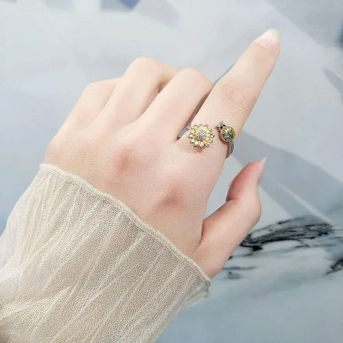 Vista 2 de VIFE Anillos de plata esterlina S925 para ansiedad para mujer, anillo abierto ajustable, circonita cúbica 3A, abejagirasol You are My Sunshine