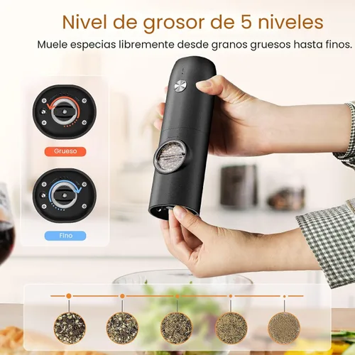 Vista 4 de Juego de molinillo eléctrico de sal y pimienta, molinillo de pimienta recargable automático con luz LED, grosor ajustable, saleros, operación